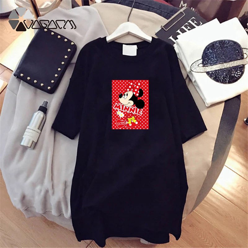 

Summer Women Dresses Minnie Mickey casual Cartoon Print Loose Women Short Sleeve Harajuku Mini De Dress Cute Casual