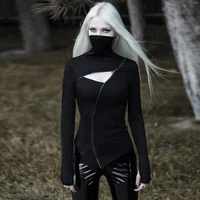 gothic punk grunge vintage female black patchwork zipper bodycon women t shirts sexy hollow out turtleneck top t shirts
