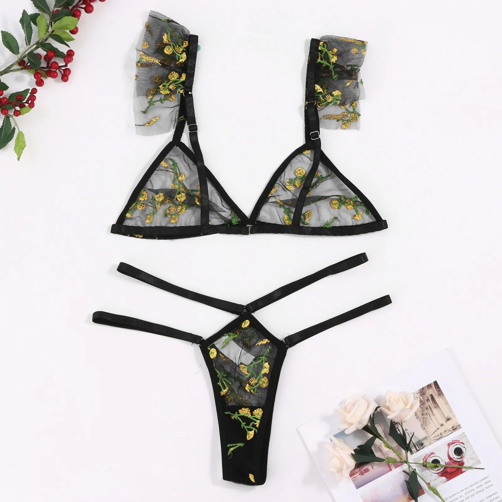 Пижама pour femme сексуальные стринги с цветочным узором и вышивкой в виде Розы