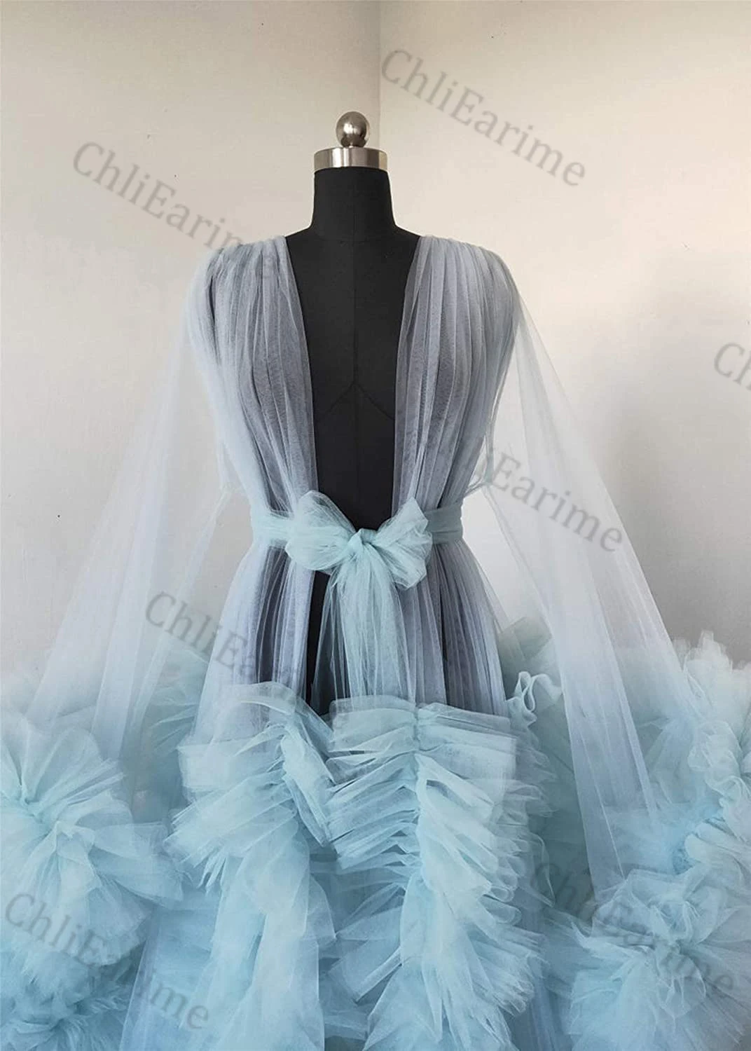 Ladies Dressing Gown Perspective Sheer Long Tulle Robe Puffy Pregnancy Photoshoot