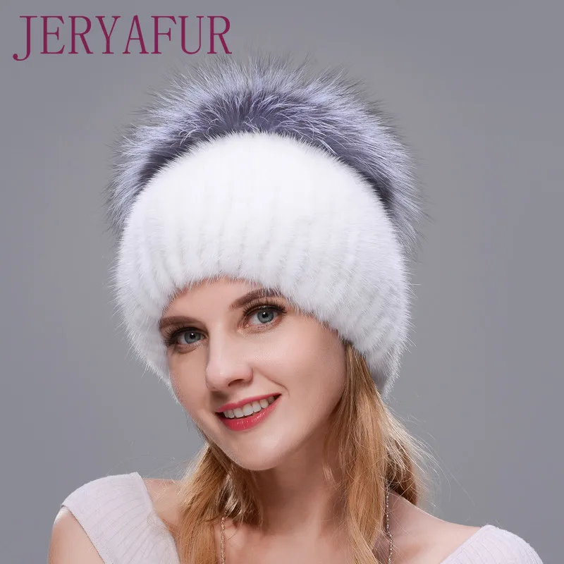 

Neue Stil Winter Hat Echte Weibliche Nerz Hut Für Frauen Gestrickte Nerz Fuchs Pelz Kappe Weiblichen Ohr Warme Mütze kappe Silbe