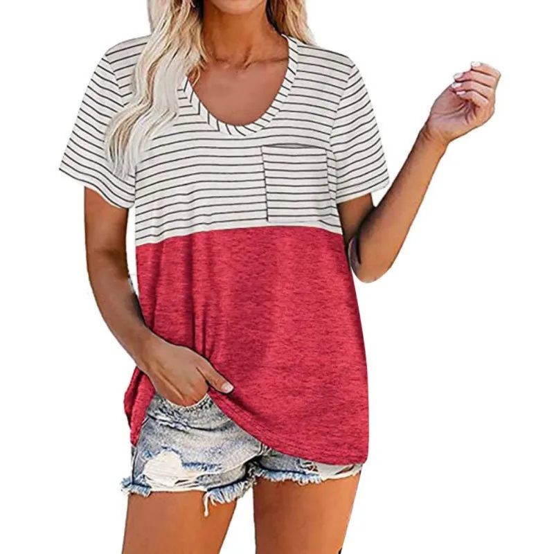

Hot 2021 Summer Women's Short Sleeve T-Shirt Top Printed Stripe Color Matching Pocket Casual Female's Wear