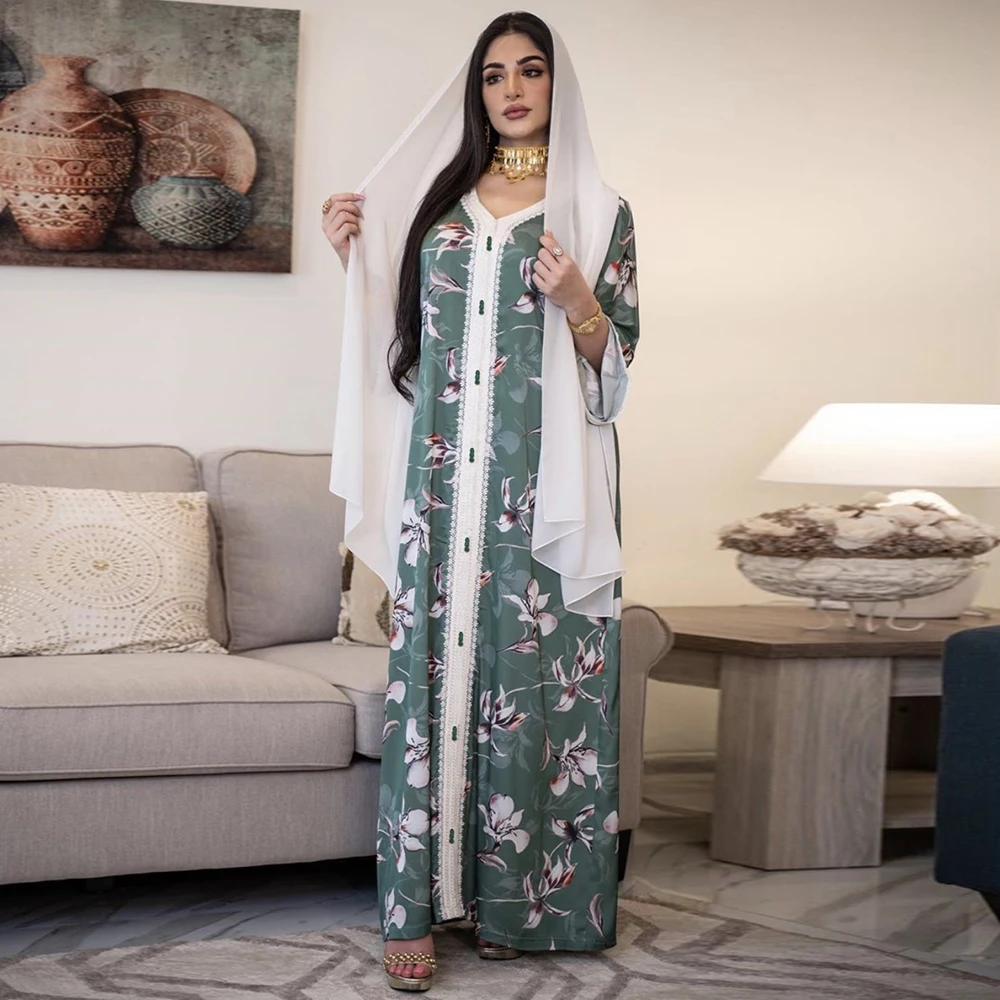 

Ethnic V Neck Ribbon Maxi Dress Fall 2020 Loose Muslim Jalabiya Abaya Dresses Full Sleeve Arabic Islamic Dubai Clothes