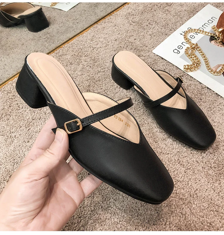 

Comfortable Sqaure Toe Low Heels Slip-on Mules Women's PU Leather Flat Mules Shallow Clogs Backless Office Lady Summer Commuting
