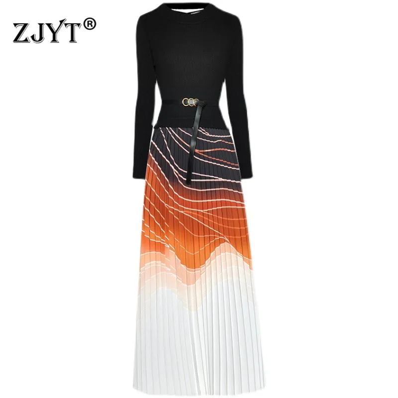 

Fashion Runway Designer Autumn Winter Print Patchwork Knitting Dress Women Long Sleeve Pleated Midi Vestidos Sweaters Robe Femme