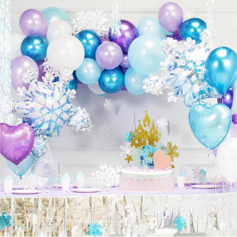 Ice Princess Snowflake Foil Balloons Garland Frozen Birthday Party With Cake Topper Birthday Snow Queen Decoration Girl Supplies