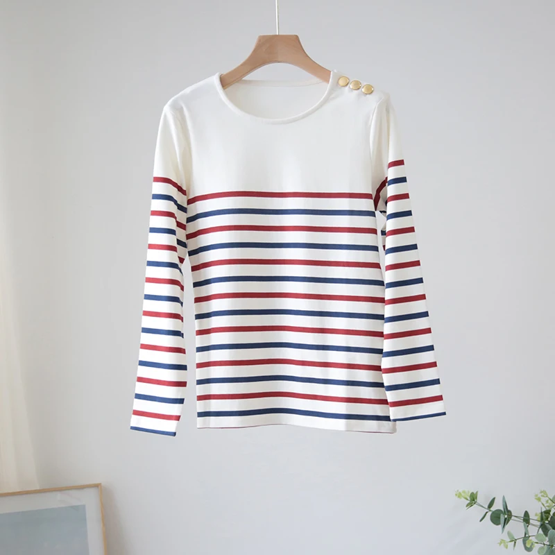 

Women T-Shirt 2019 Autumn New Retro French Temperament Striped Cotton Metal Shoulder T-Shirt