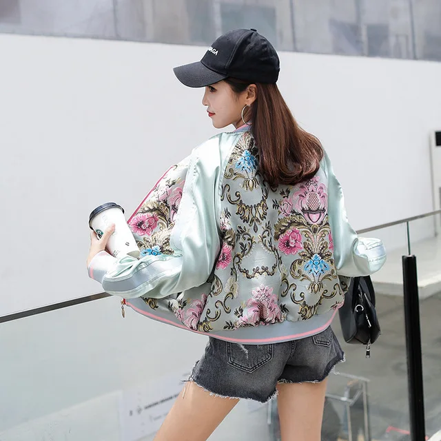 Новинка весна осень Женская куртка пальто Модная Цветочная вышивка молния