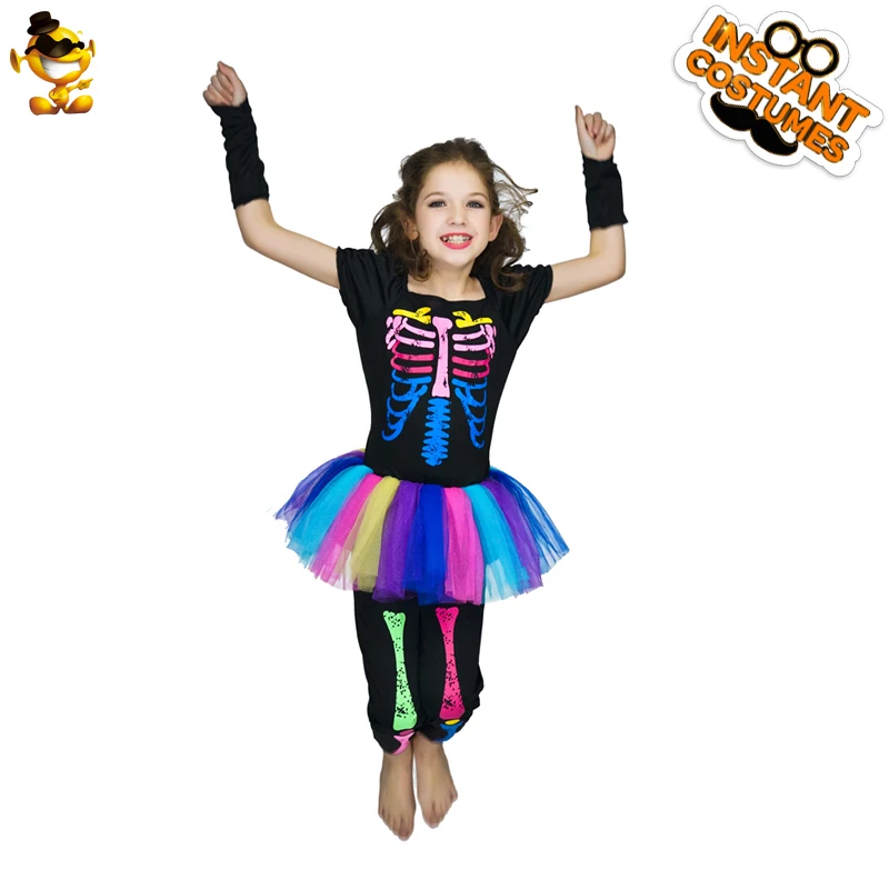

Colorful Girls Halloween Skeleton Dress Cute Rainbow Cosplay Clothing Skull Printed Costumes for Kids