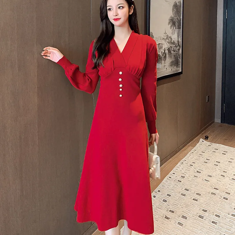 

New Knitted Dress Women V-neck Sweater Dresses Women Lantern Sleeve Sweaters Dress Plus Size Woman High Waist Sweater Dresses