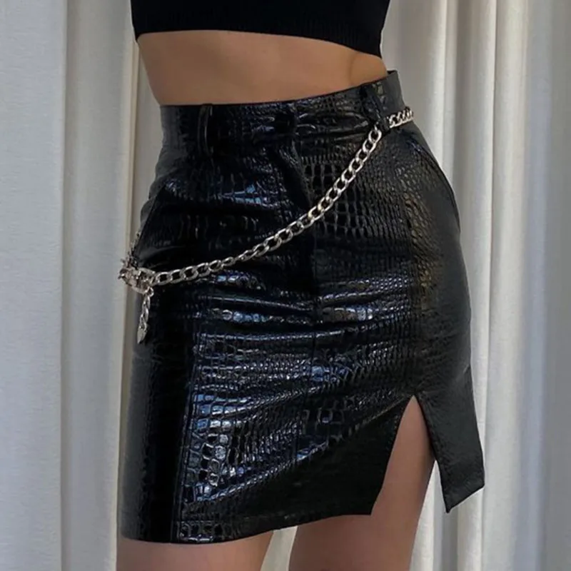 

XUXI PU Splicing Half-length Skirt, Women Leather Skirt, Split High Waist Black Bag Hip MINI Skirt, Autumn 2021, E3868