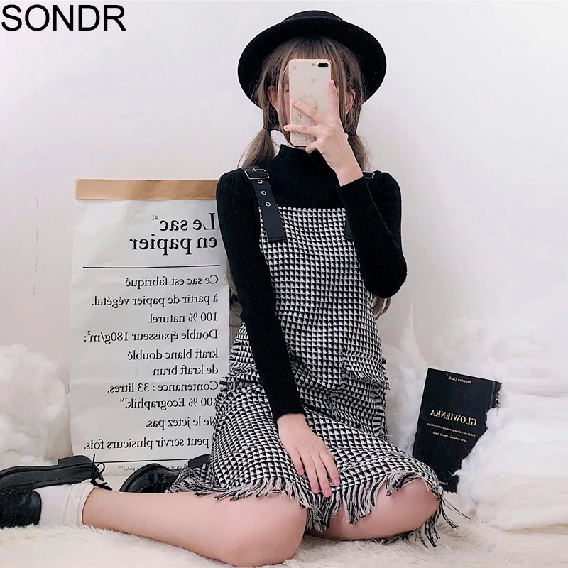 

Korea Houndstooth Strap Dress Women 2021 New Fashion Contrast Color Casual Sleeveless Dresses Vestido Sweet Slim Fit Plaid Dress