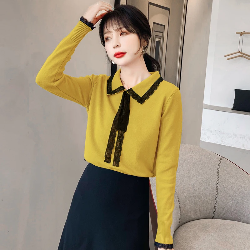 

New women lace bow sweater top knit sweater thick bottoming clothing sweet fashion casual