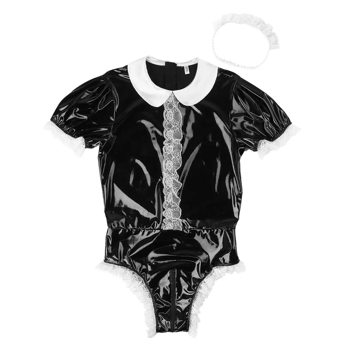 

Mens Sissy Maid Cosplay Costume Sexy Latex Babydoll Uniforms Gay Fantasias Wet Look Leather French Maids Bodysuit with Headband