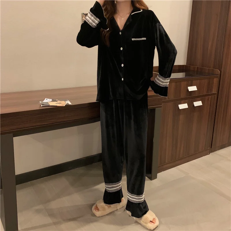 

Harajpee Women Pajamas 2021 Spring Autumn Korean Simple Casual Temperament Solid Color Lapel Velvet Princess Style Sweet Suits