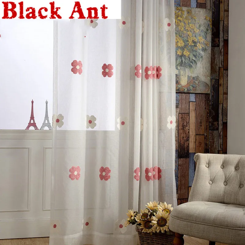 Прозрачная оконная панель с розовыми/синими цветами для гостиной вышитая вуаль