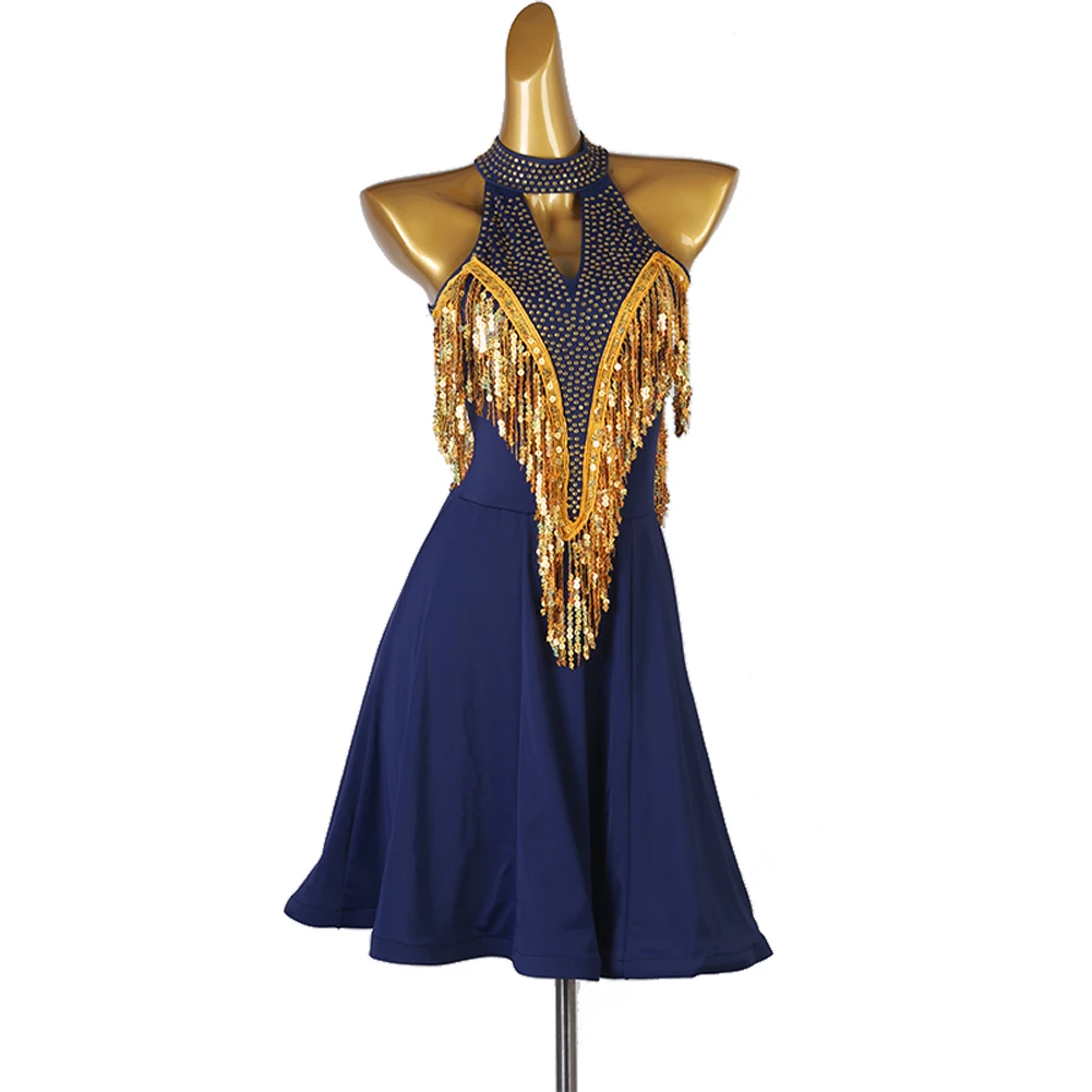 

Shiny Sequin Navy Blue Sexy Latin Dance Dress Women High-end Custom Rumba Salsa Performance Skirt Female Dance Dresses