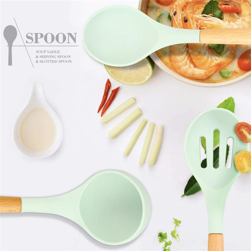 

New Silicone Cooing Utenils Spatula Spoon Set Heat-resistant Beech Handle Soup Ladle Turner Kitchen Chef Accessories 11/12pc