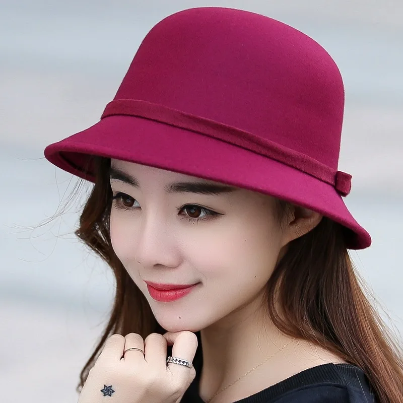 

Winter Autumn Women's Woolen Felt Boatman Hat Flat Top Soft Woolen Women Top Hat and Chain Strap Wide Brim Feltro Dome Top Hat