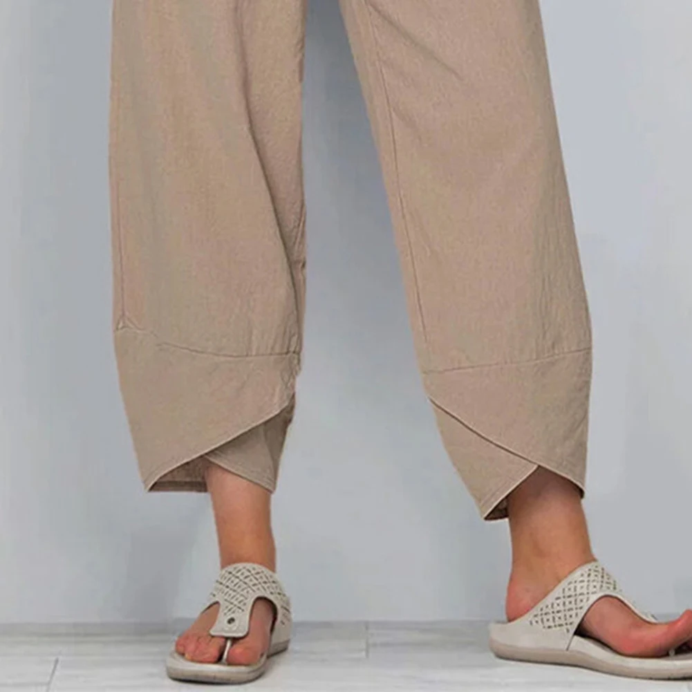

Women Solid Color Pocket Irregular Hem Loose Cropped Pants Cotton Linen Trousers with Pockets Irregular Hem Loose Style Pants