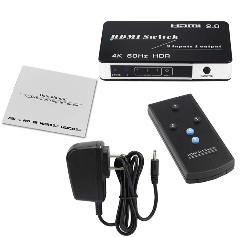 

HDMI 2.0 4K 60HZ HDR 3x1 HDMI Switch Switcher Box 3 in 1 out Video Converter for PS3 PS4 DVD Player Camera Notebook PC to HD TV