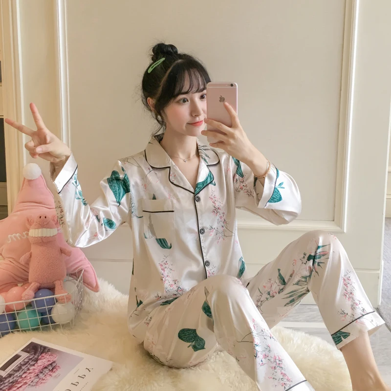 Пижамы для женщин атласные женские пижамы с принтом наборы длинными рукавами