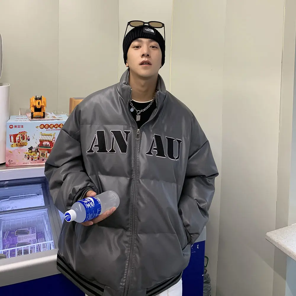 PU Leather Cotton Jacket Men's Winter Trend Wild and Handsome Cotton-padded Jacket Padded Warm Bread Jacket