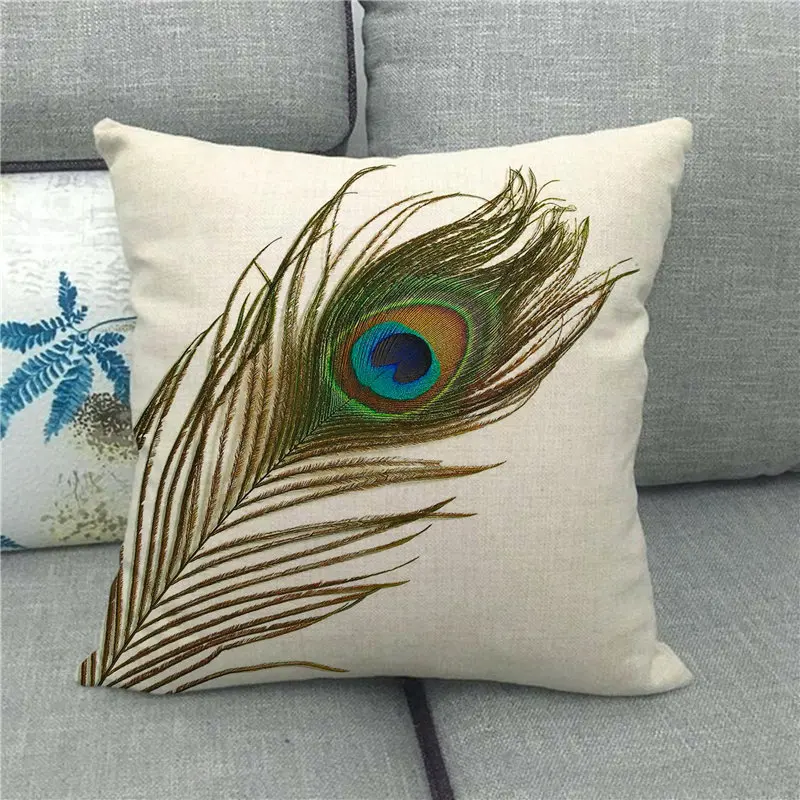 Разноцветный декоративный чехол-наволочка с изображением павлиньих перьев 18x18