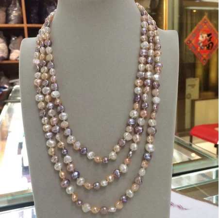 NEW long 60&quot7-8mm baroque white+Pink+Purple freshwater pearl necklace AAA | Украшения и аксессуары