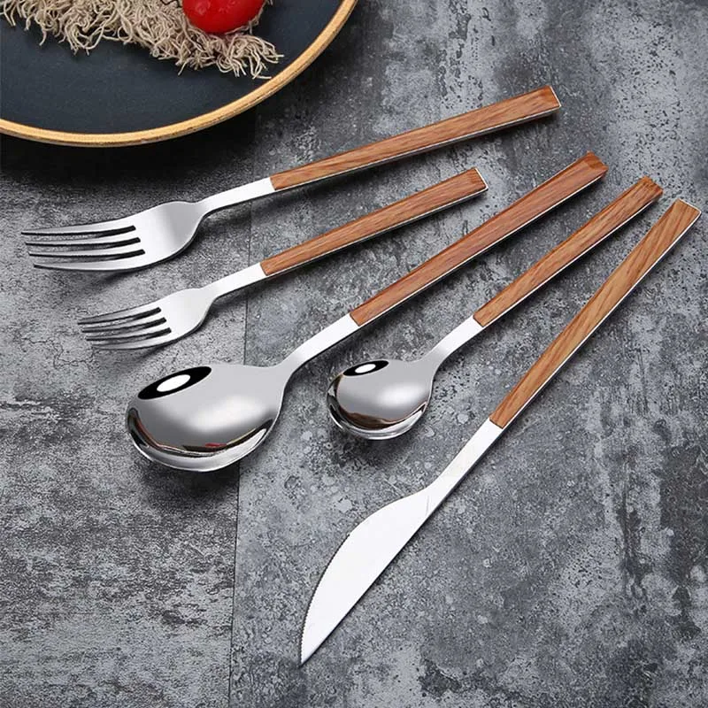 Wood Cutlery 5 шт./компл. нож с деревянной ручкой столовая посуда набор столовая посуда из нержавеющей стали набор Западный портативный набор столовых приборов нож вилка ложка - Цвет: Wood Cutlery