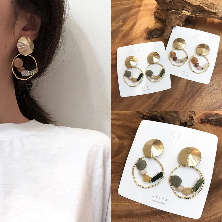 Женские серьги с натуральным камнем S925 корейские большие серьги-подвески