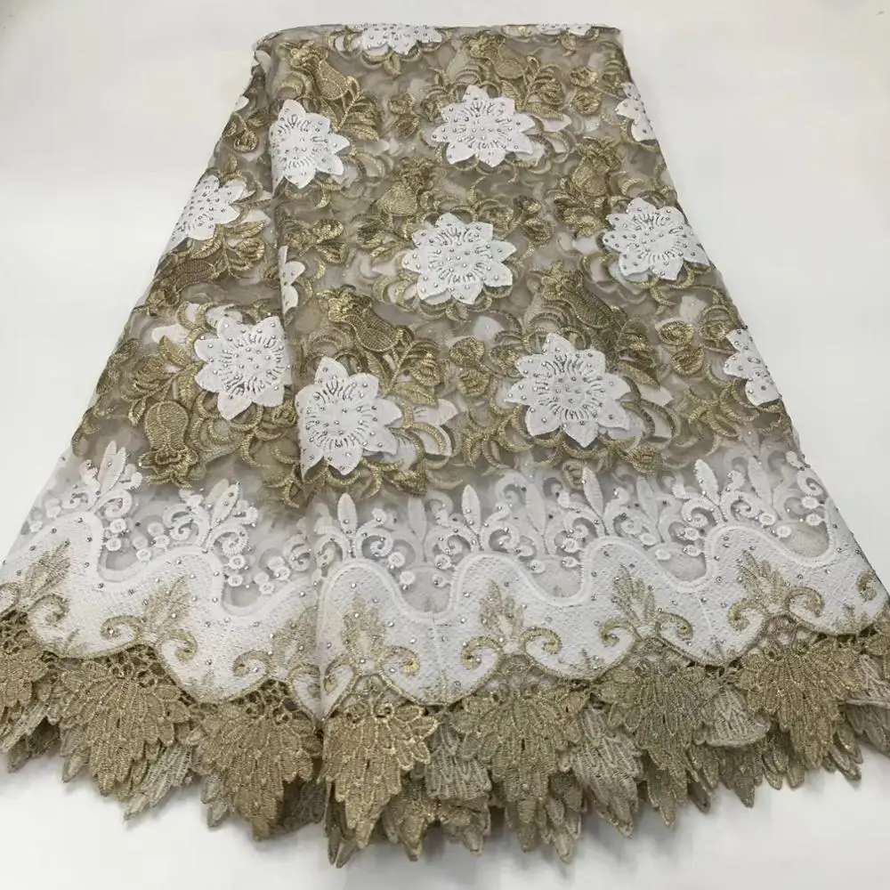 

Dry Lace 2020 High Quality White And Gold Line Embroidery Net Lace Fabrics With Stones Guinea African Swiss Voile In Switzerland