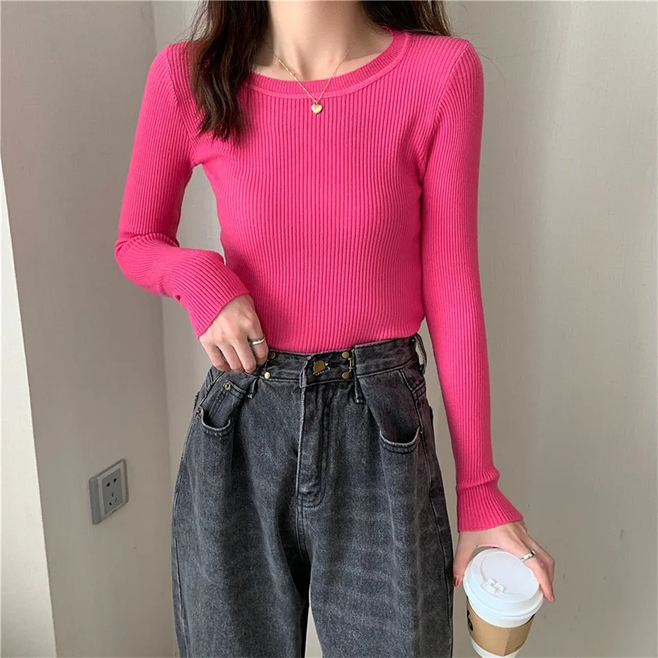 

Осенне-зимний свитер, женские базовые облегающие Вязаные Пуловеры, свитеры, женские Универсальные однотонные трикотажные пуловеры, Топ