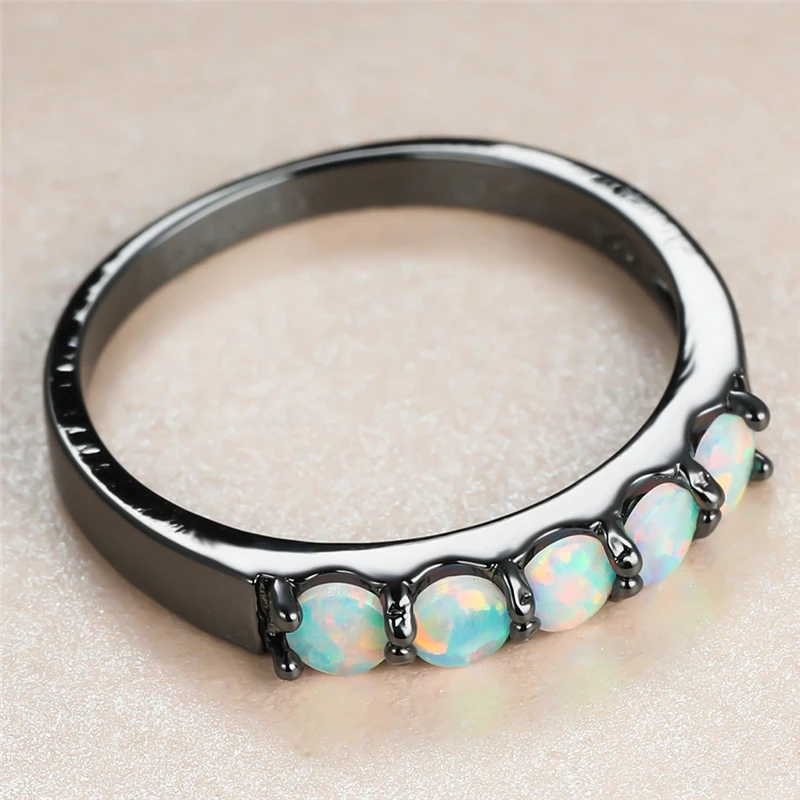 

Cute Female White Opal Stone Ring Vintage 14KT Black Gold Wedding Rings For Women Luxury Bride Round Thin Engagement Ring