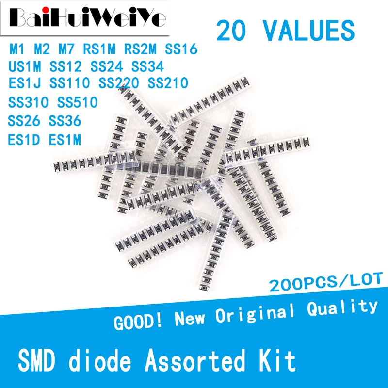 Набор диодов SMD 200 шт./лот 20 значений SS110 SS220 SS210 SS310 SS510 SS16 SS26 SS34 SS36 ES1J ES1D M7 M4 US1M M1
