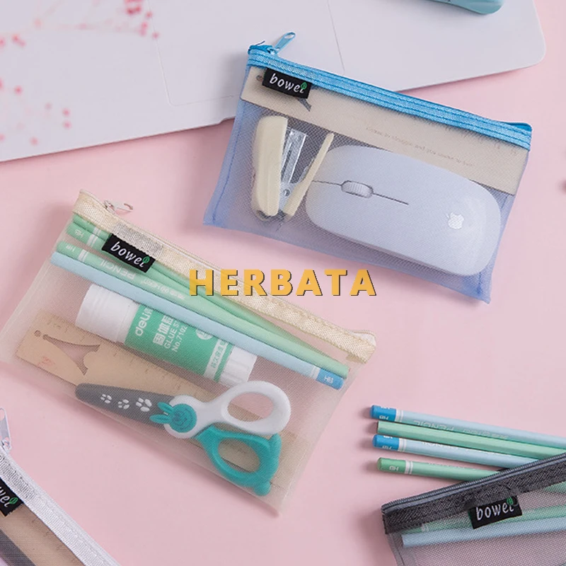 Creative simple transparent gauze large-capacity portable zipper pencil case student stationery bag pouch desk organizer | Канцтовары