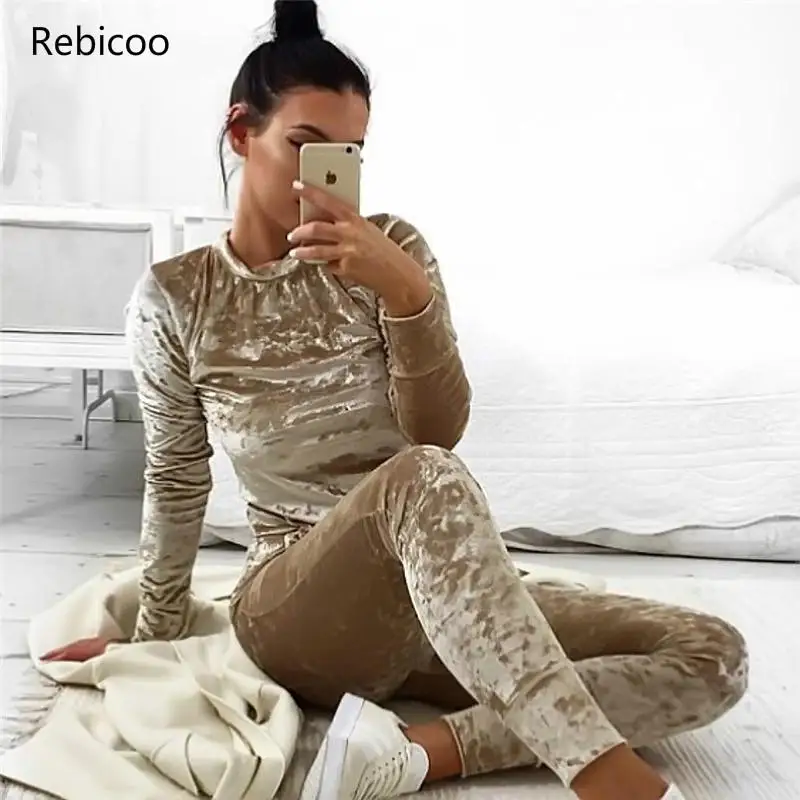 

Brand Women's Fashion Shining Warm Velvet 2 Pieces Tracksuit Set Slim Pants Long Sleeve O-Neck Pullover Sweatshirt Hoodie