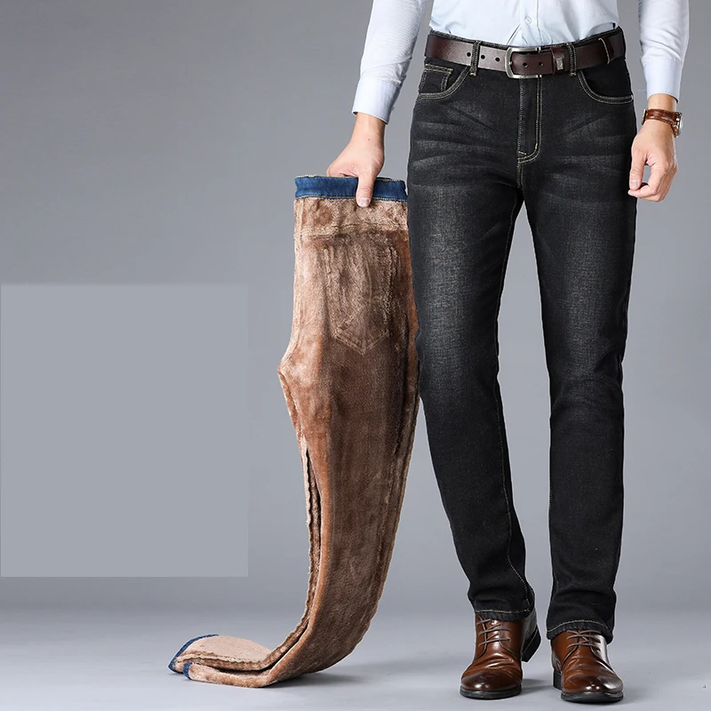 2019 зимние мужские теплые джинсы классический стиль модные повседневные