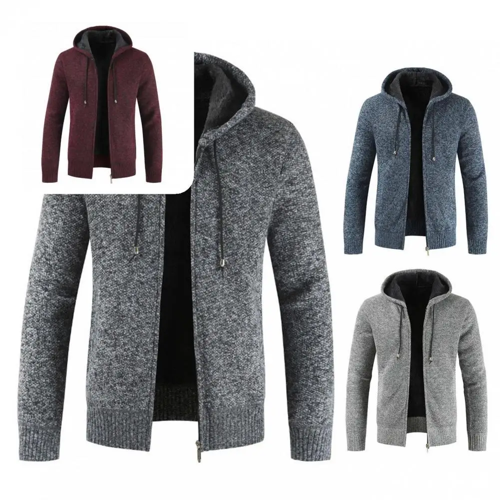 

Skin-friendly Classic Hooded Plush Lining Sweater Coat Zipper Closure Sweater Coat Ribbed Cuffs for Holiday