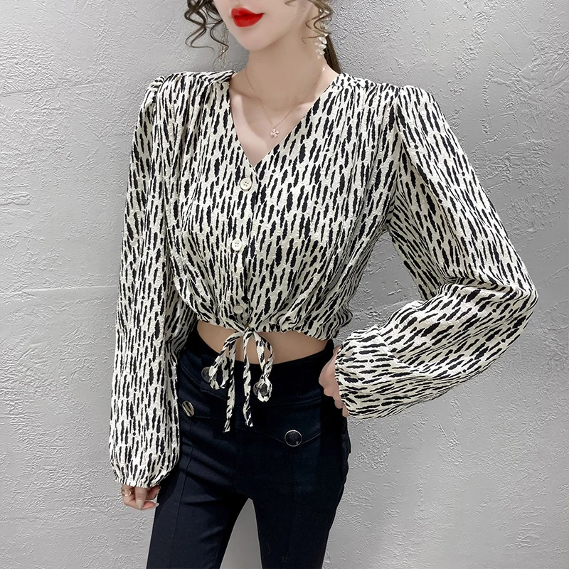 

Нежная шифоновая рубашка в стиле ретро с цветочным рисунком, Женский Топ с длинным рукавом и поясом на талии, Осенний дизайнерский нишевый т...