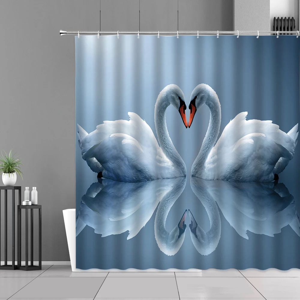 

Lakes White Swan Heart Shower Curtain Lovers Valentine's Day Bathroom Decor Waterproof Curtains Bath Screen Wall Hanging cloth