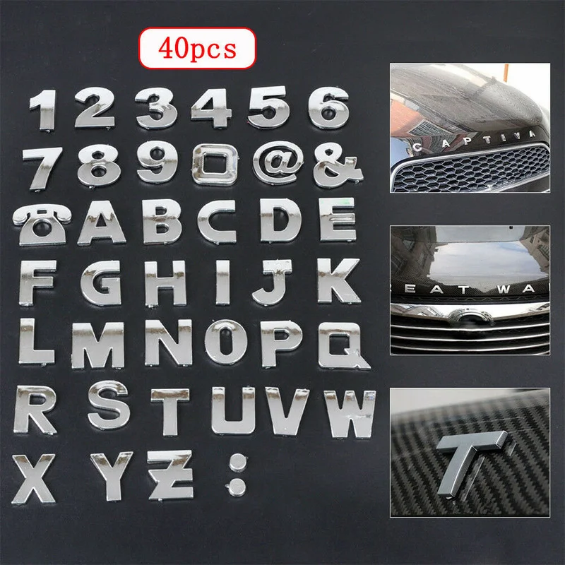 

40Pcs 3D Chrome Badge Car Stickers Alphabet Letter Number Symbol Emblem Badge Decor Decals Silver DIY Waterproof Exterior Parts