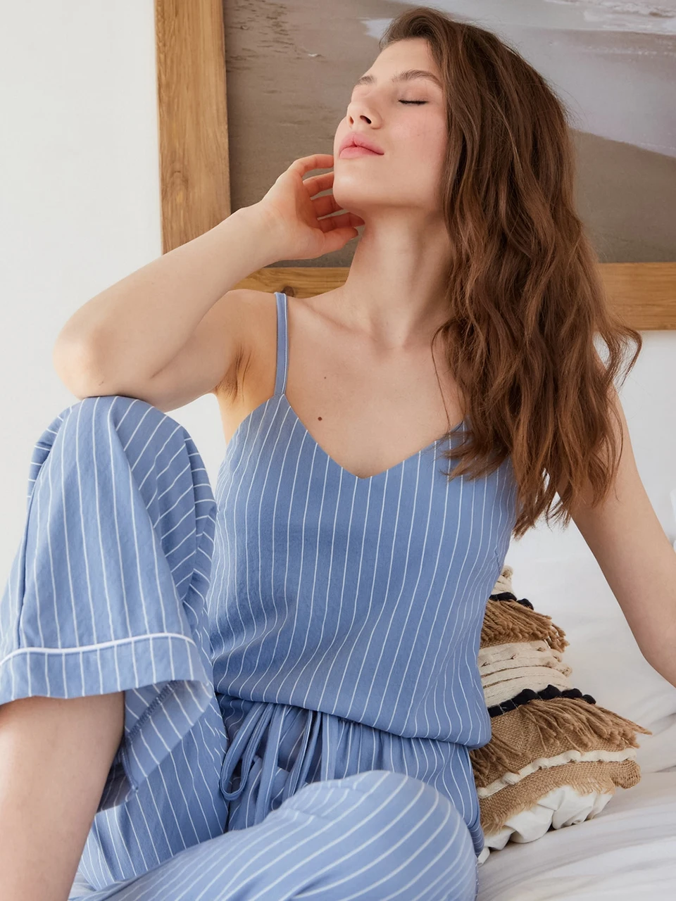 

Fashion Striped Women's Pajamas Spaghetti Strap Sets Womens Outfits Low Cut Sexy Woman Nightie Trouser Suits Sleeveless Roomware