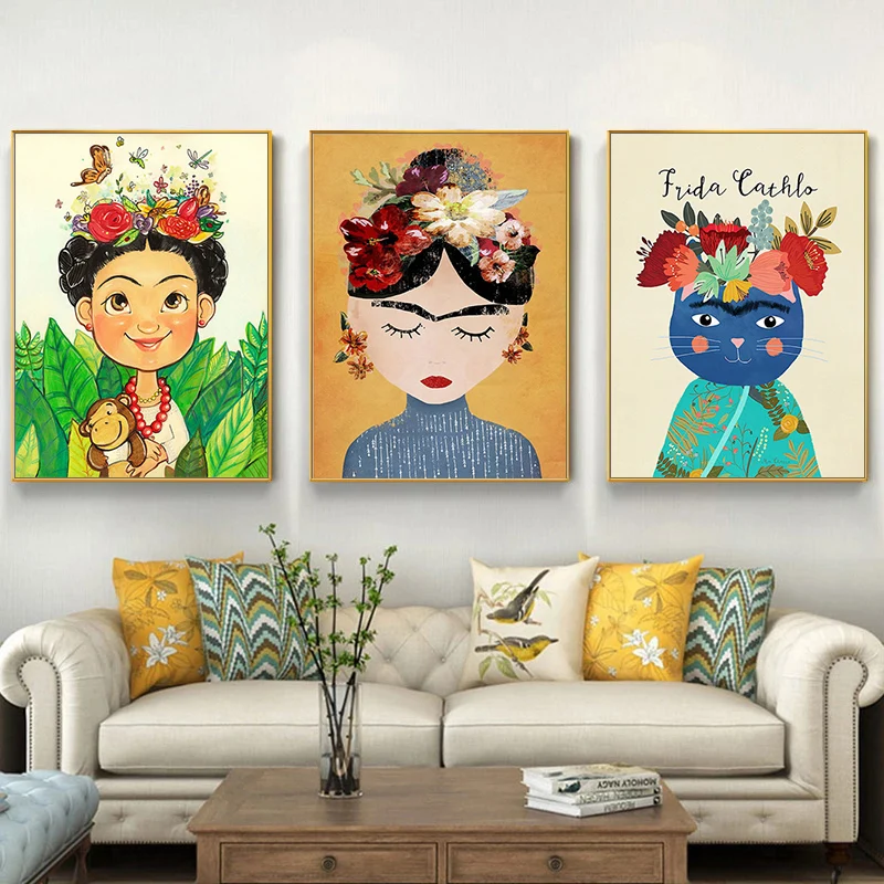 Цветная декоративная картина с мультяшным портретом девушки милый кот цветок