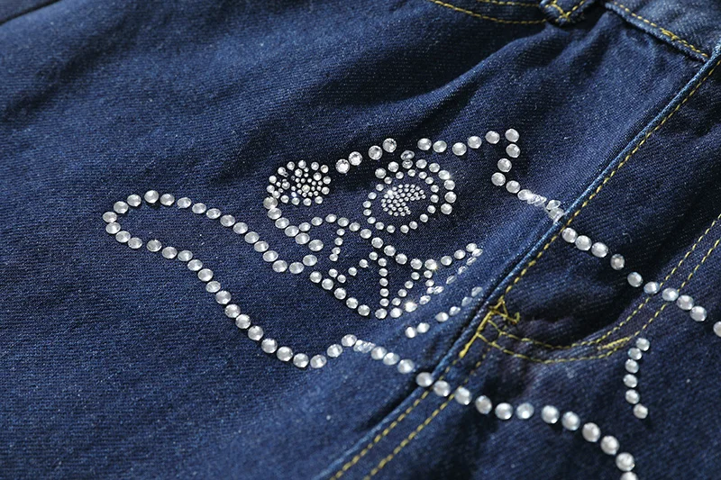 

Flying Dog Hot Rhinestone Straight Loose Hip Hop Jeans Pants for Men and Women Straight Washed Blue Casual Denim Trousers