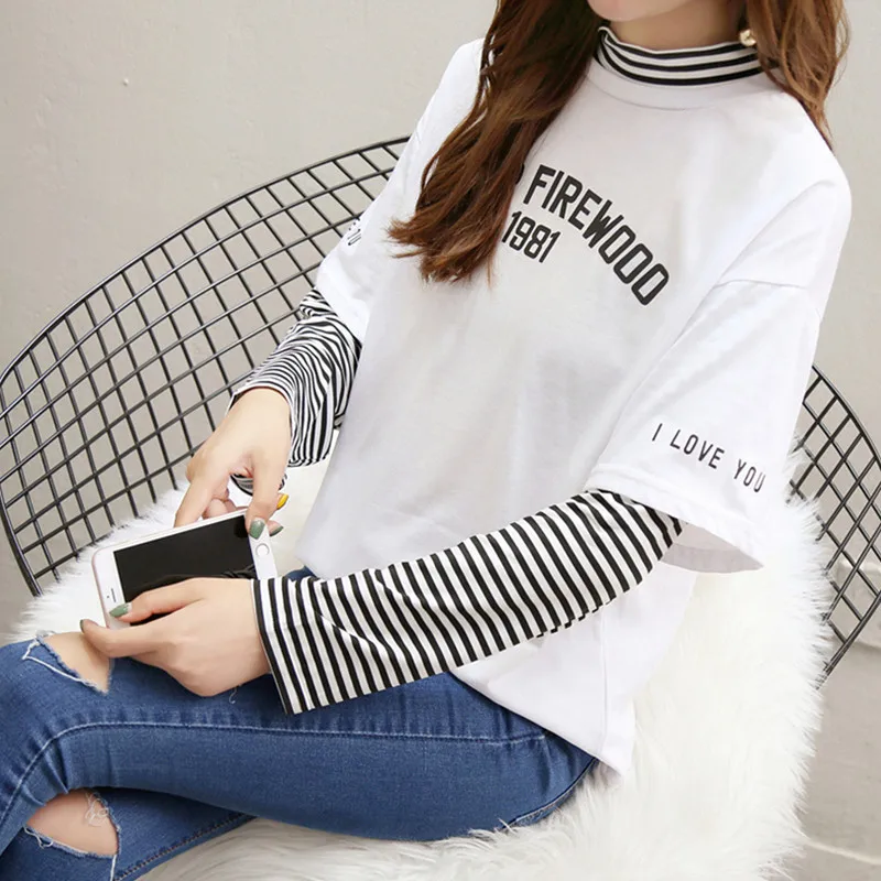 Весенне-осенняя женская футболка с надписью в полоску пэчворк кэжуал свободный