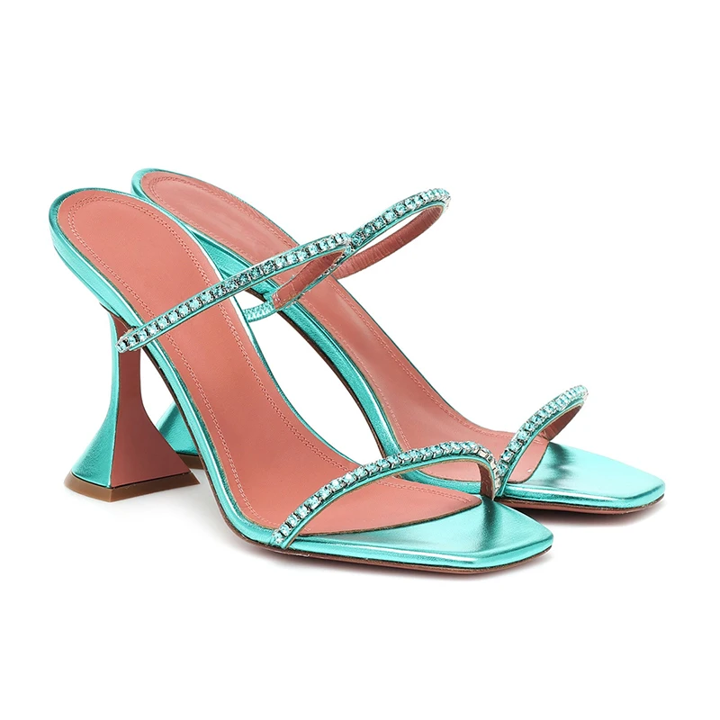 

2021 Women's Summer Crystal Cup High Heels Sexy Slippers Female Casual Leopard Elegant Footwear Ladies Square Toe Beach Shoes