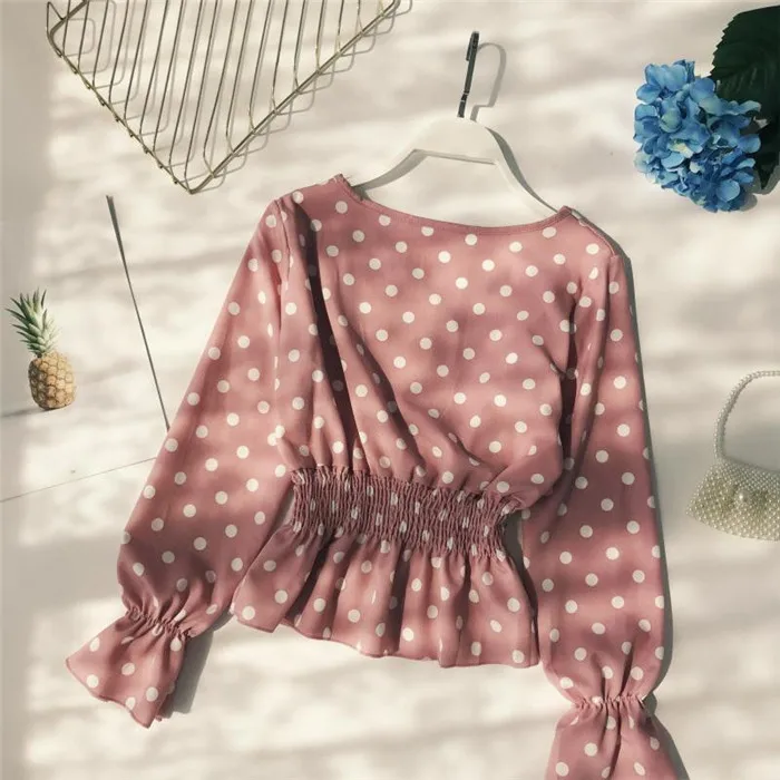 Весна Boho шикарные топы женские корейские элегантные шифоновые блузки с v-образным вырезом и длинным рукавом Розовые/черные рубашки в горошек Женские
