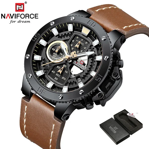 NAVIFORCE часы, топ бренд, Роскошные военные кварцевые часы для мужчин, хронограф, кожа, водонепроницаемые часы, мужские часы - Цвет: Black Brown With Box