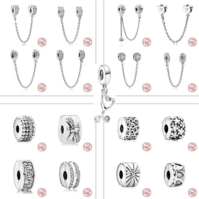 

925 Sterling Silber Sicherheit Ketten Hohl Liebe Feder Baumeln Clip Perlen Fit Original Pandora Charms Armbnder Frauen Schmuck